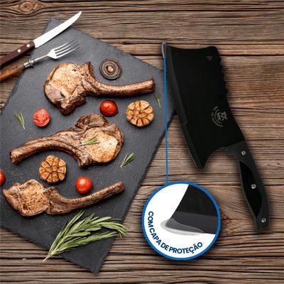 Cutelo Profissional Com Lâmina Aço Inox Escurecido Faca Multifuncional Cozinha Churrasco Açougue Preto