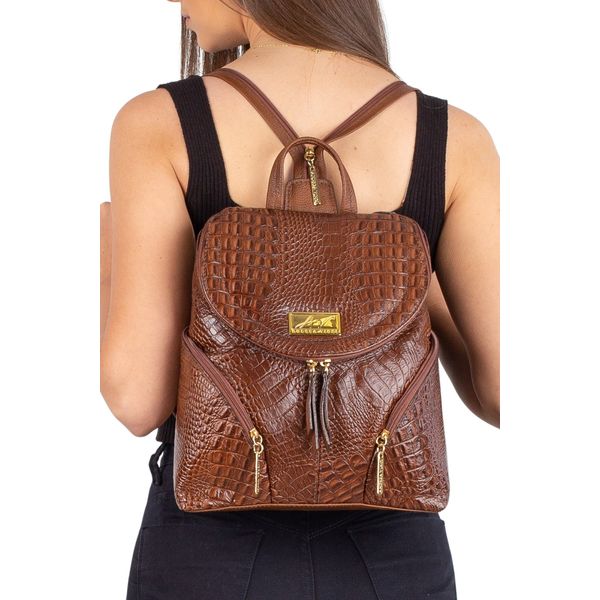 Mochila pequena de couro croco Cecília Café