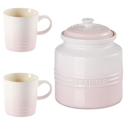 KIT LE CREUSET 2 CANECAS 350ML E POTE DE BISCOITO EM CERÂMICA SHELL PINK