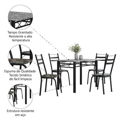 Conjunto De Mesa Sala De Jantar Com 4 Cadeiras Leia Tubular Granito 1,20m Artefamol Preto/flor