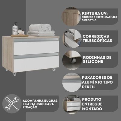 Gabinete Banheiro Rodinhas Joia 60cm 02 Gavetas Madeirado Branco