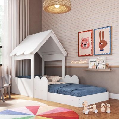 Cama Infantil Montessoriana Casinha Com Colchão E Telhado Em Mdp Branco