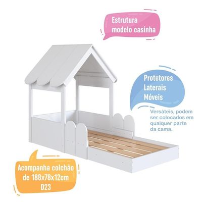 Cama Infantil Montessoriana Casinha Com Colchão E Telhado Em Mdp Branco