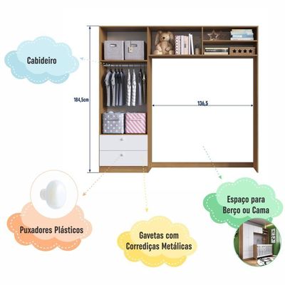 Guarda-roupa Infantil 4 Portas 2 Gavetas Nichos Quarto de Bebê Nogal com Branco