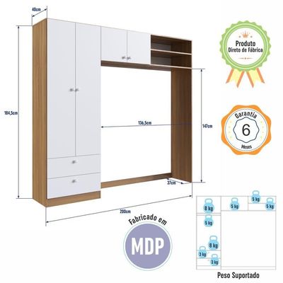 Guarda-roupa Infantil 4 Portas 2 Gavetas Nichos Quarto de Bebê Nogal com Branco
