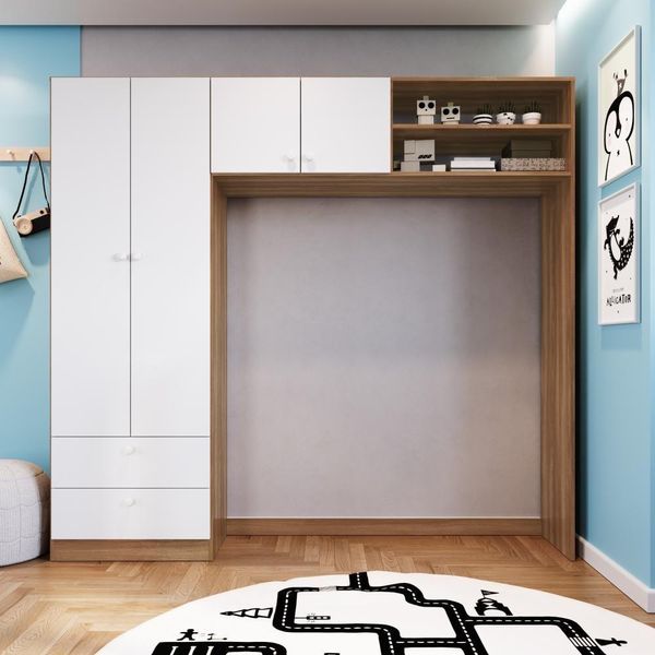 Guarda-roupa Infantil 4 Portas 2 Gavetas Nichos Quarto de Bebê Nogal com Branco