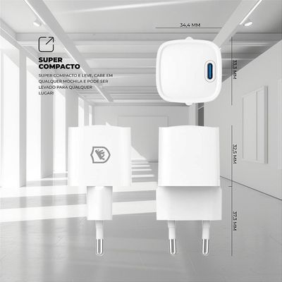 Carregador Turbo Gan Ultra Slim Tipo C 20W - Exclusivo Online - Branco - Gshield