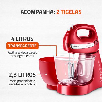 Batedeira Bella Massa Mondial Vermelho e Inox 500W B-29 NP 220