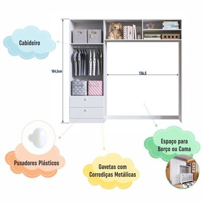 Guarda-roupa Infantil 4 Portas 2 Gavetas Nichos Prateleira Cabideiro Branco