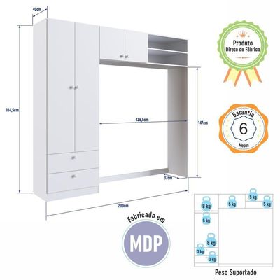 Guarda-roupa Infantil 4 Portas 2 Gavetas Nichos Prateleira Cabideiro Branco