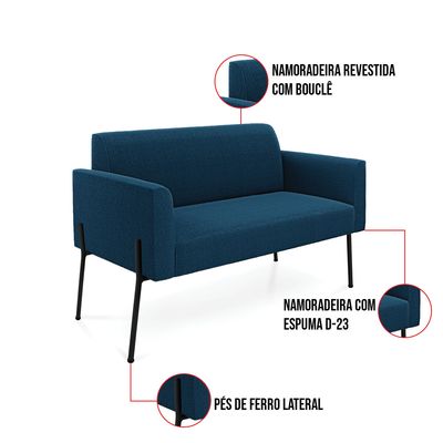 Sofá 2 Lugares Namoradeira Pé Ferro Preto Marisa Bouclê Azul D03 - D'Rossi