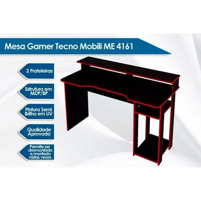 Mesa De Computador Solteiro Quarto Gamer ( De Computador + Estante) 2 Peças Preto - Tecno Mobili