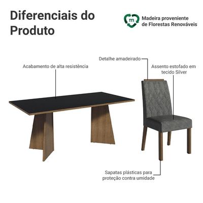 Conjunto Sala De Jantar Tampo De Madeira 6 Cadeiras Rustic/preto/silver York Madesa