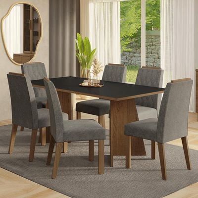 Conjunto Sala De Jantar Tampo De Madeira 6 Cadeiras Rustic/preto/silver York Madesa