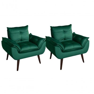 Kit 02 Poltrona Cadeira Decorativa Glamour Com Pés Quadrado Verde Veludo