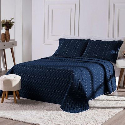 Cobre Leito Bordado 400 Fios Heitor Casal Queen 100% Poliéster - Azul Marinho