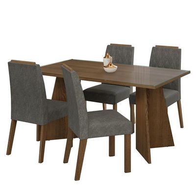 Conjunto Sala De Jantar Mesa Tampo De Vidro 4 Cadeiras Rustic/silver Porto Madesa