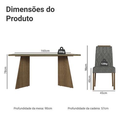 Conjunto Sala De Jantar Mesa Tampo De Vidro 4 Cadeiras Rustic/silver Porto Madesa