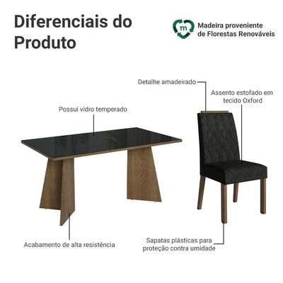 Conjunto Sala De Jantar Mesa Tampo De Vidro 4 Cadeiras Rustic/preto/oxford Porto Madesa