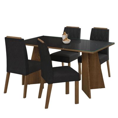 Conjunto Sala De Jantar Mesa Tampo De Vidro 4 Cadeiras Rustic/preto/oxford Porto Madesa