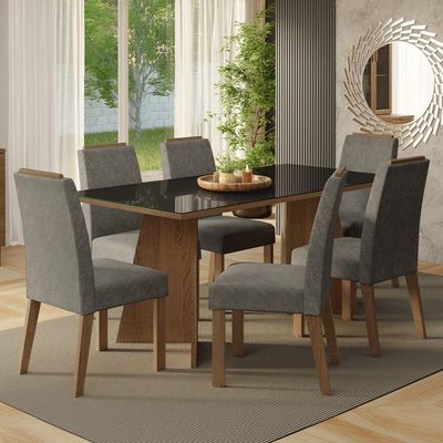 Conjunto Sala De Jantar Tampo De Vidro 6 Cadeiras Rustic/preto/silver Amalfi Madesa