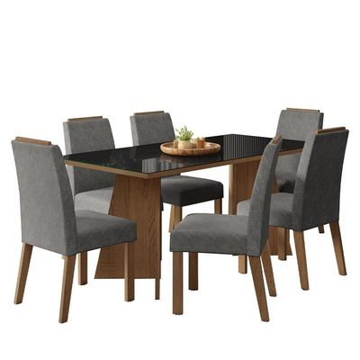 Conjunto Sala De Jantar Tampo De Vidro 6 Cadeiras Rustic/preto/silver Amalfi Madesa