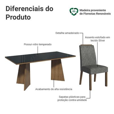 Conjunto Sala De Jantar Tampo De Vidro 6 Cadeiras Rustic/preto/silver Amalfi Madesa