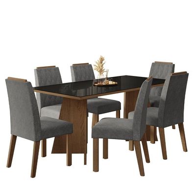 Conjunto Sala De Jantar Tampo De Vidro 6 Cadeiras Rustic/preto/silver Siena Madesa