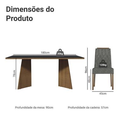 Conjunto Sala De Jantar Tampo De Vidro 6 Cadeiras Rustic/preto/silver Siena Madesa