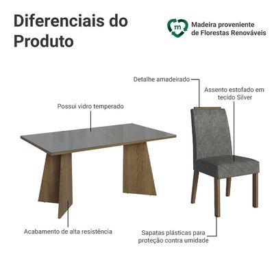 Conjunto Sala De Jantar Tampo De Vidro 6 Cadeiras Rustic/cinza/silver Madrid Madesa