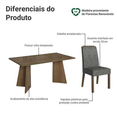 Conjunto Sala De Jantar Tampo De Vidro 6 Cadeiras Rustic/silver Madrid Madesa