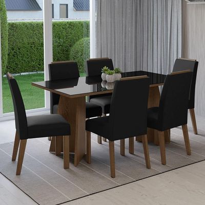 Conjunto Sala De Jantar Tampo De Vidro 6 Cadeiras Rustic/preto/oxford Madrid Madesa