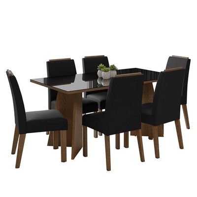 Conjunto Sala De Jantar Tampo De Vidro 6 Cadeiras Rustic/preto/oxford Madrid Madesa