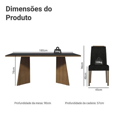 Conjunto Sala De Jantar Tampo De Vidro 6 Cadeiras Rustic/preto/oxford Amalfi Madesa