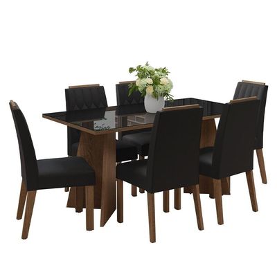 Conjunto Sala De Jantar Tampo De Vidro 6 Cadeiras Rustic/preto/oxford Sintra Madesa