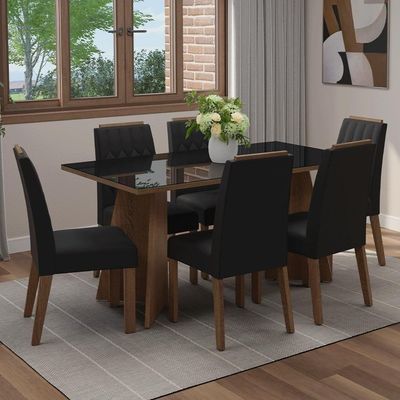 Conjunto Sala De Jantar Tampo De Vidro 6 Cadeiras Rustic/preto/oxford Sintra Madesa
