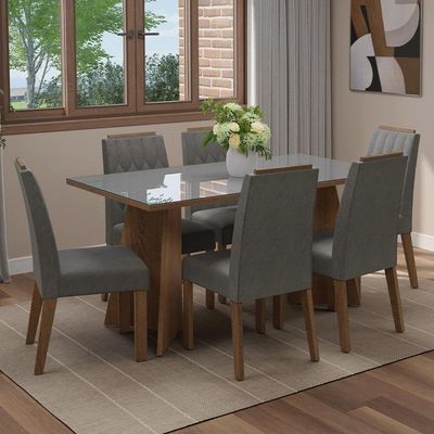 Conjunto Sala De Jantar Tampo De Vidro 6 Cadeiras Rustic/cinza/silver Sintra Madesa
