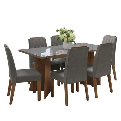 Conjunto Sala De Jantar Tampo De Vidro 6 Cadeiras Rustic/cinza/silver Sintra Madesa