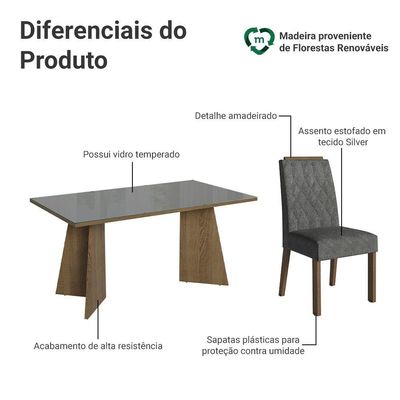 Conjunto Sala De Jantar Tampo De Vidro 6 Cadeiras Rustic/cinza/silver Sintra Madesa
