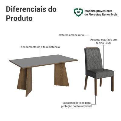 Conjunto Sala De Jantar Tampo De Madeira 6 Cadeiras Rustic/cinza/silver Leon Madesa