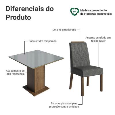Conjunto Sala De Jantar Tampo De Vidro 4 Cadeiras Rustic/cinza/silver Capri Madesa
