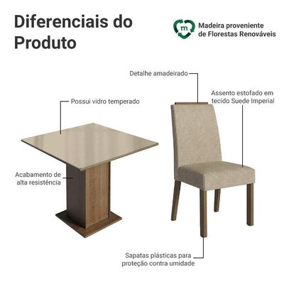 Conjunto Sala De Jantar Tampo De Vidro 4 Cadeiras Rustic/crema/imperial Sines Madesa