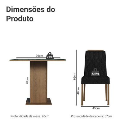 Conjunto Sala De Jantar Tampo De Vidro 4 Cadeiras Rustic/preto/oxford Capri Madesa