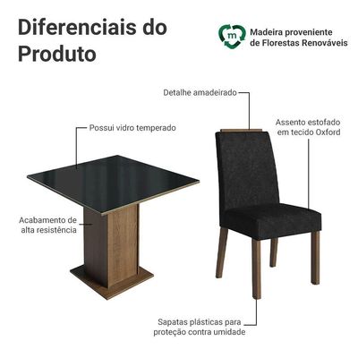 Conjunto Sala De Jantar Tampo De Vidro 4 Cadeiras Rustic/preto/oxford Sines Madesa