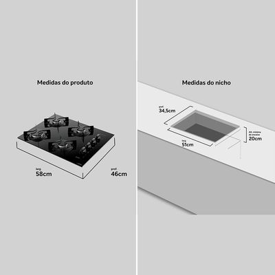 Cooktop a Gás 04 Bocas Atlas U.Top Mesa de Vidro Atlas Preto / Bivolt