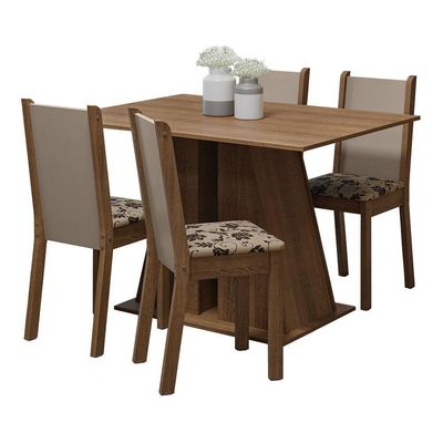 Conjunto Sala De Jantar Mesa Tampo De Madeira 4 Cadeiras Rustic/bege Marrom Sophie Madesa