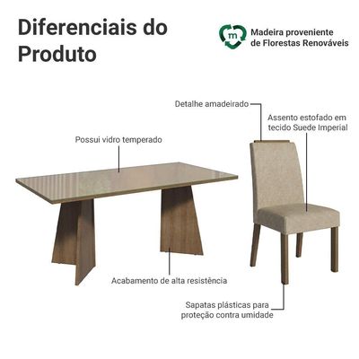 Conjunto Sala De Jantar Tampo De Vidro 6 Cadeiras Rustic/crema/imperial Amalfi Madesa