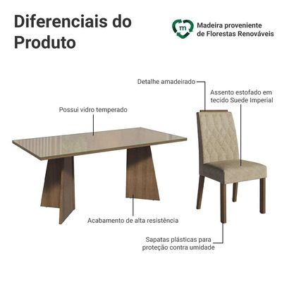 Conjunto Sala De Jantar Tampo De Vidro 6 Cadeiras Rustic/crema/imperial Siena Madesa
