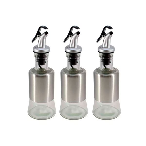 Kit 3 Azeiteiro Vinagreiro Recipiente em Vidro e Inox com Bico Dosador