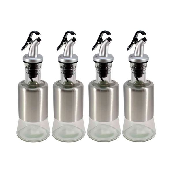 Kit 4 Azeiteiro Vinagreiro Recipiente em Vidro e Inox com Bico Dosador
